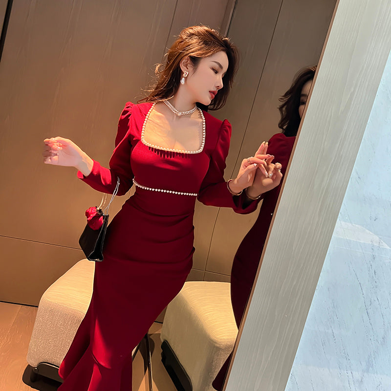 2025 Autumn Winter Full Sleeves Square Collar Beading Slit Dress Ruffles Elegant Dress Slim Fit Mermaid Dress