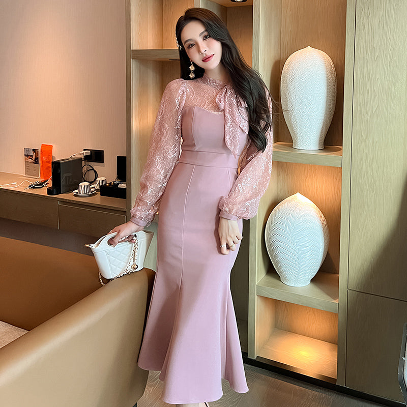 Trendy Vestidos Casuales Lady Fishtail Lace Long Sleeve Pink Ladies Dresses 2025 Elegant Women Clothing