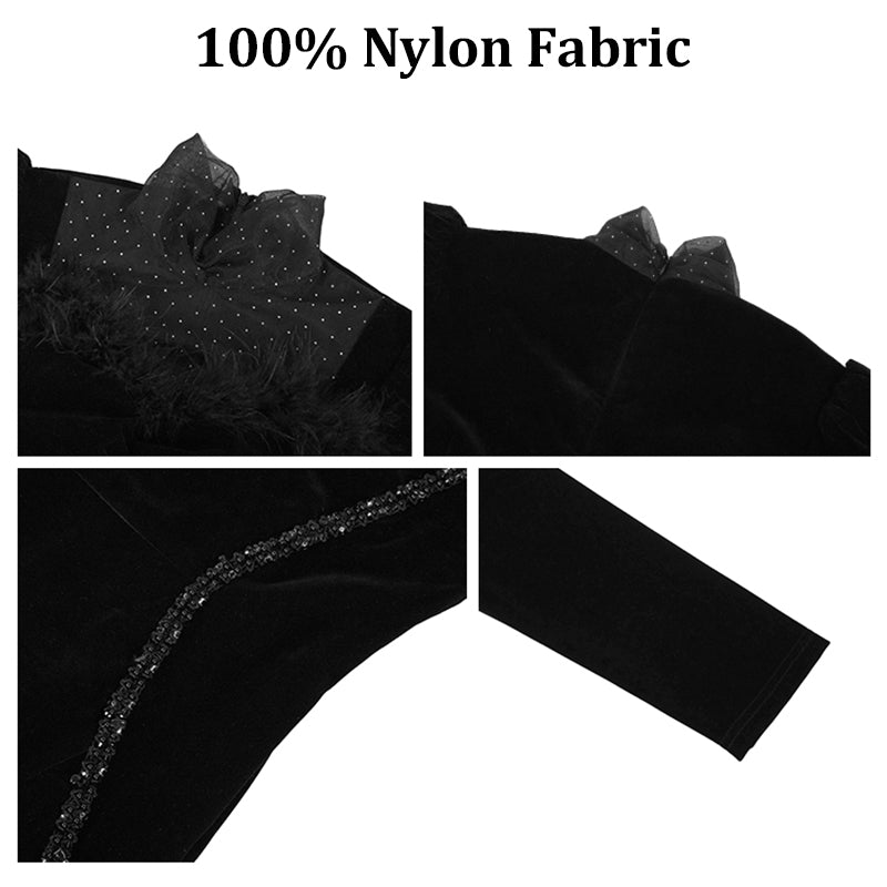 Lady Maxi Evening Party Velvet Formal Dress A-Line Stand Collar Long Sleeve 2XL Beaded Elegant Feather Black Dress