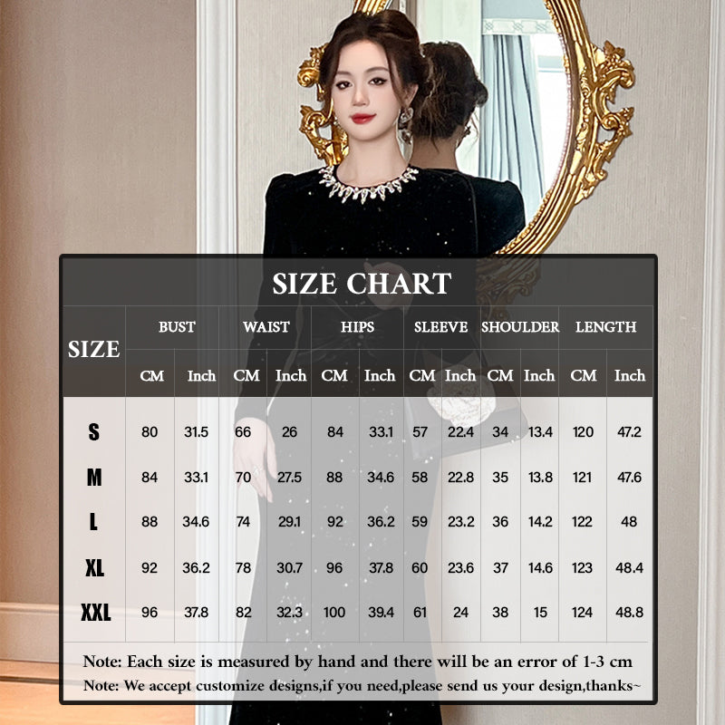 Spring Cocktail Midi Dress Women O-Neck Tunic Long Sleeve Glitter Diamonds Black Velvet Elegant Long Party Dresses