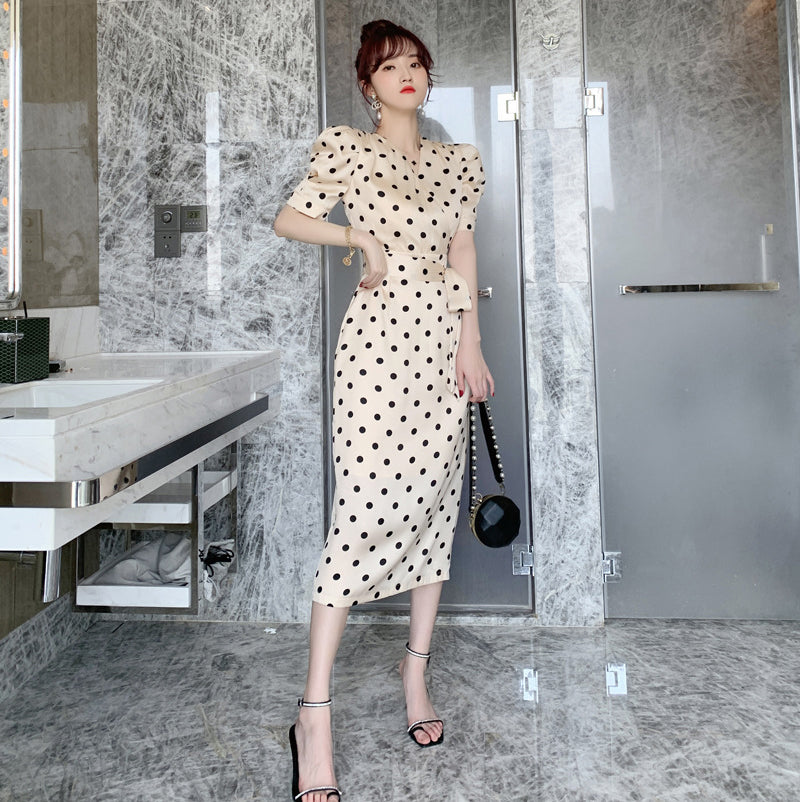 Summer Polka Dot Bow Tie Waist Dress Vacation Outfits Vestidos Elegant Casual Dress for Women