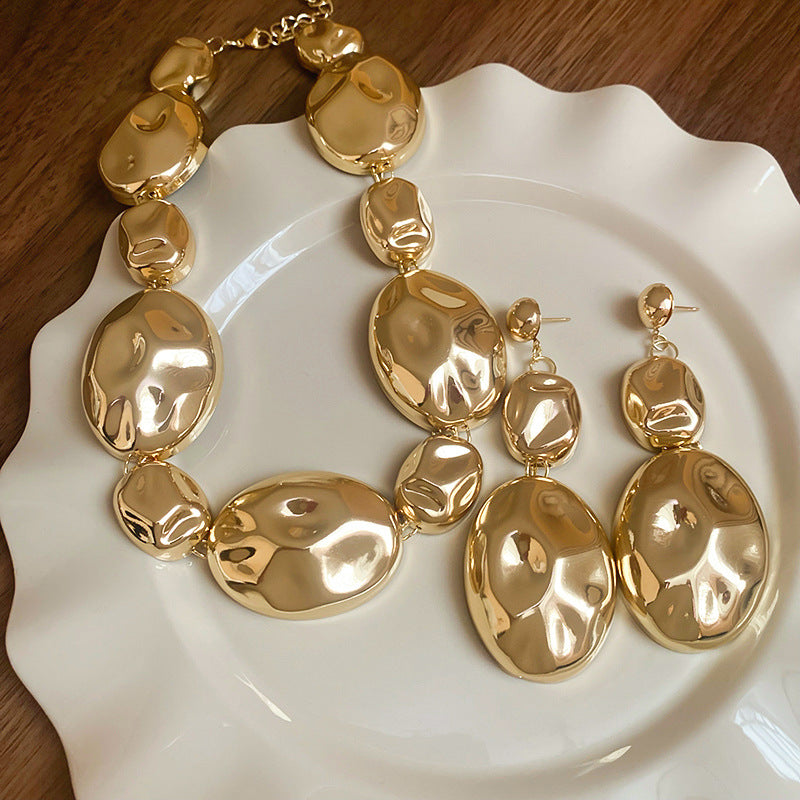 New Arrival Metal Oval European and American Style Accessories Necklace and Earrings Set for Women