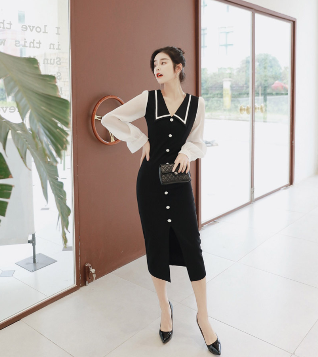 Chic Fashion Women's Casual Elegant Dress Long Sleeve Color Blocking Button New Natural Waistline Solid Summer Dress