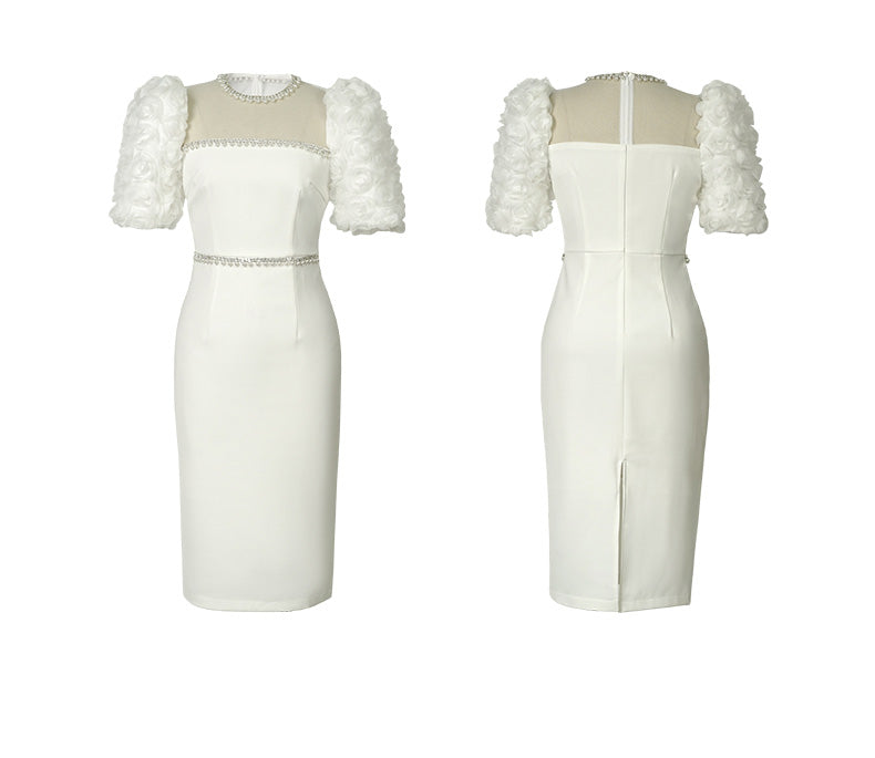 Elegant Pearl Beaded Floral Sleeve Embellished White Midi Party Dress Satin Women Casual Dresses