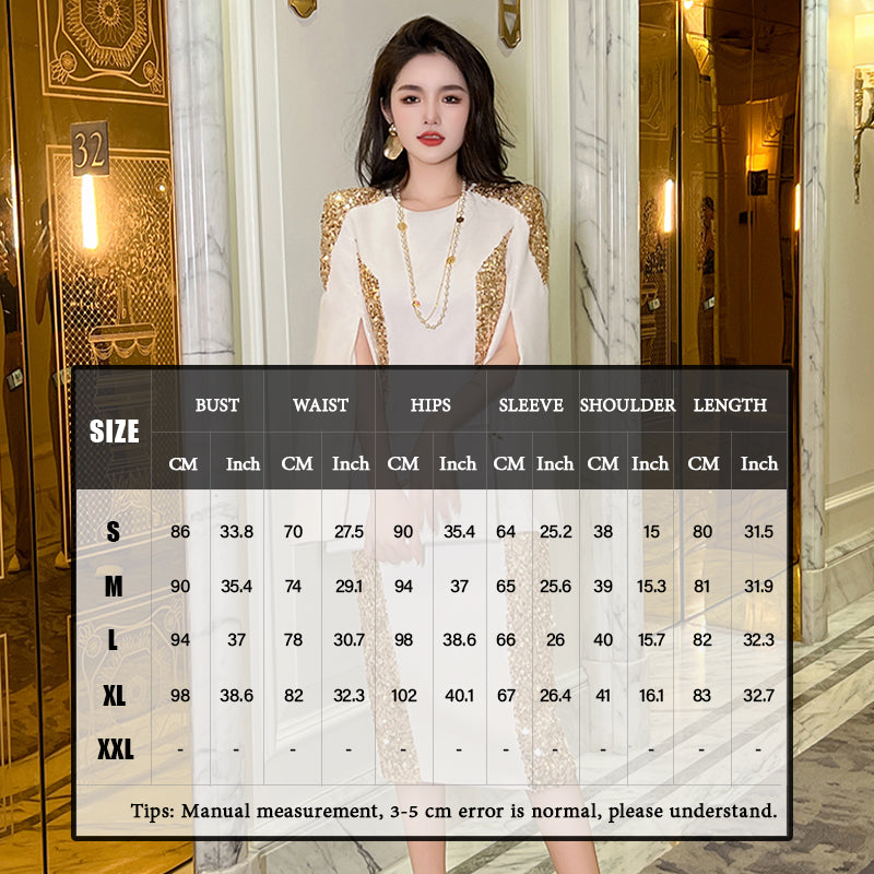Gold Sequins Elegant White Evening Birthday Prom Midi Dress Slit Trumpet Long Sleeve Party Gowns