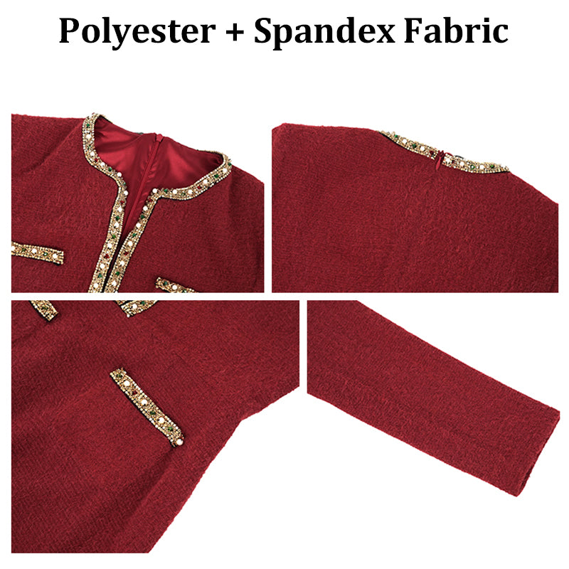 Luxury Crystal Fishtail Mermaid Evening Party Dress for Women Burgundy Knitted Beading Long Sleeve Midi Elegant Dress