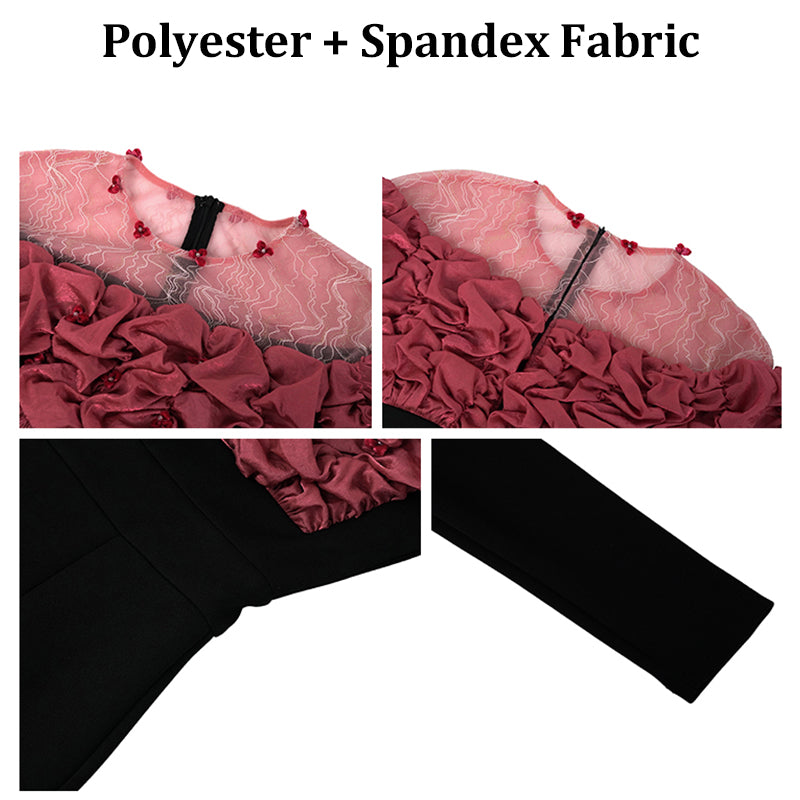 Women's Elegant Shoulder Red Flower Long Sleeve Bodycon Dress Ladies Black Formal Dinner Dress for Evening Club Party