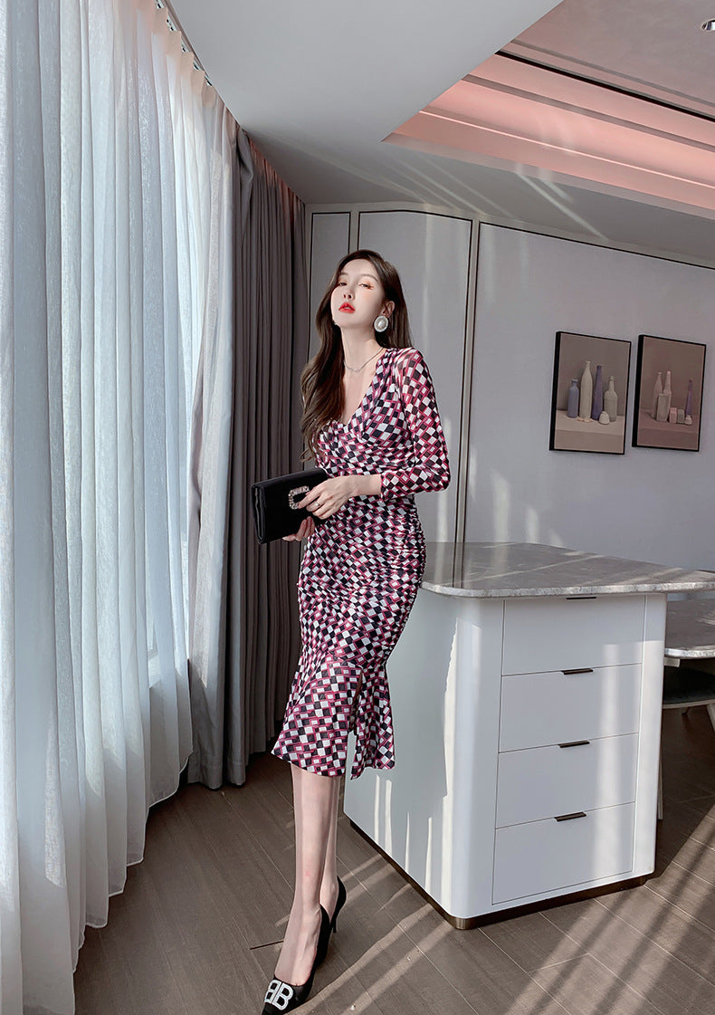 Trending Cross Ruffle Hem Plaid Elegant Casual 2022 Midi Women's Clothing Dress