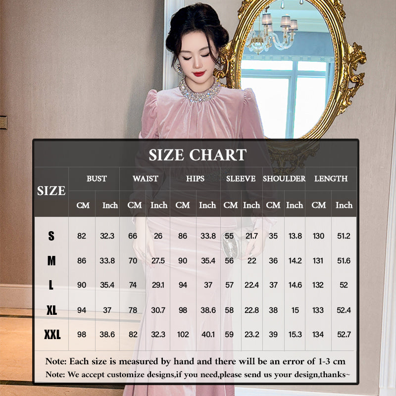 Luxury Elegant Pink Mermaid Velvet Evening Dress for Women Long Sleeve Maxi Formal Wedding Party Prom Dresses
