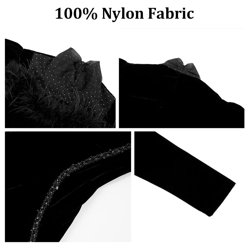 Lady Maxi Dress Black Feather Stand Collar Long Sleeve A Line Modest Evening Party Velvet Formal Long Dress for Women