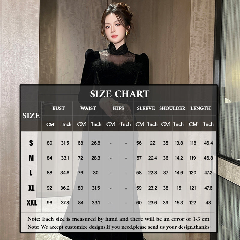 Lady Maxi Evening Party Velvet Formal Dress A-Line Stand Collar Long Sleeve 2XL Beaded Elegant Feather Black Dress