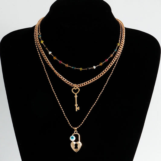 Fashion Retro Three Layer Heart-shaped 18k Gold Key Padlock Pendant Women's Colored Bead Handcrafted Chain Necklace