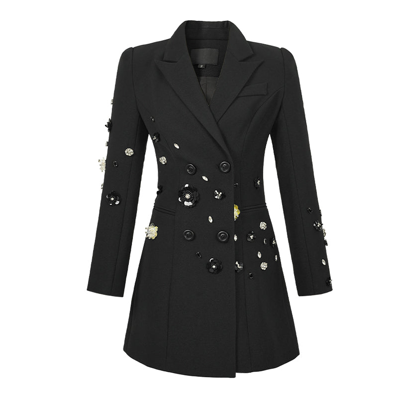 Fashion Double Breasted Sequins Office Ladies Blazer Mini Dress Diamond Decor Lapel Blazer Coat