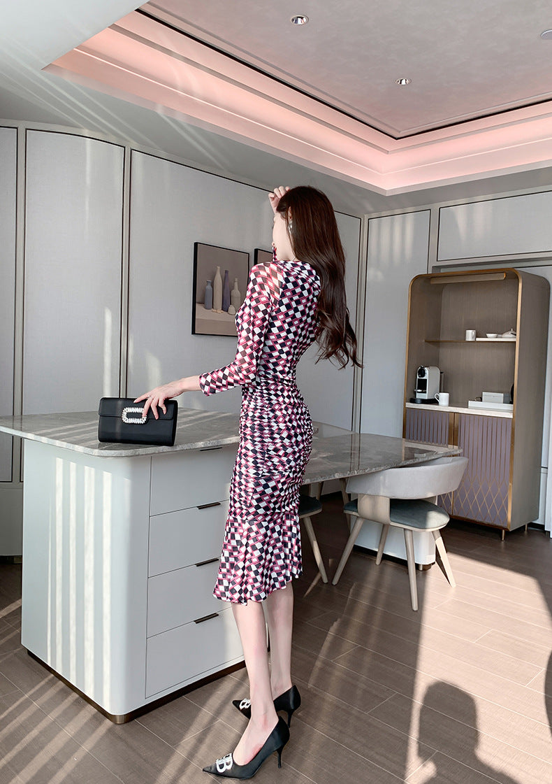 Trending Cross Ruffle Hem Plaid Elegant Casual 2022 Midi Women's Clothing Dress