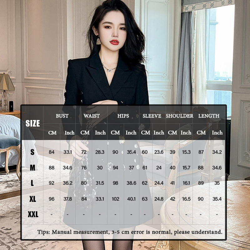 Fashion Double Breasted Sequins Office Ladies Blazer Mini Dress Diamond Decor Lapel Blazer Coat