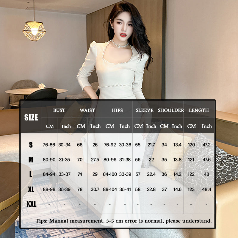 2025 Autumn Winter Full Sleeves Square Collar Beading Slit Dress Ruffles Elegant Dress Slim Fit Mermaid Dress